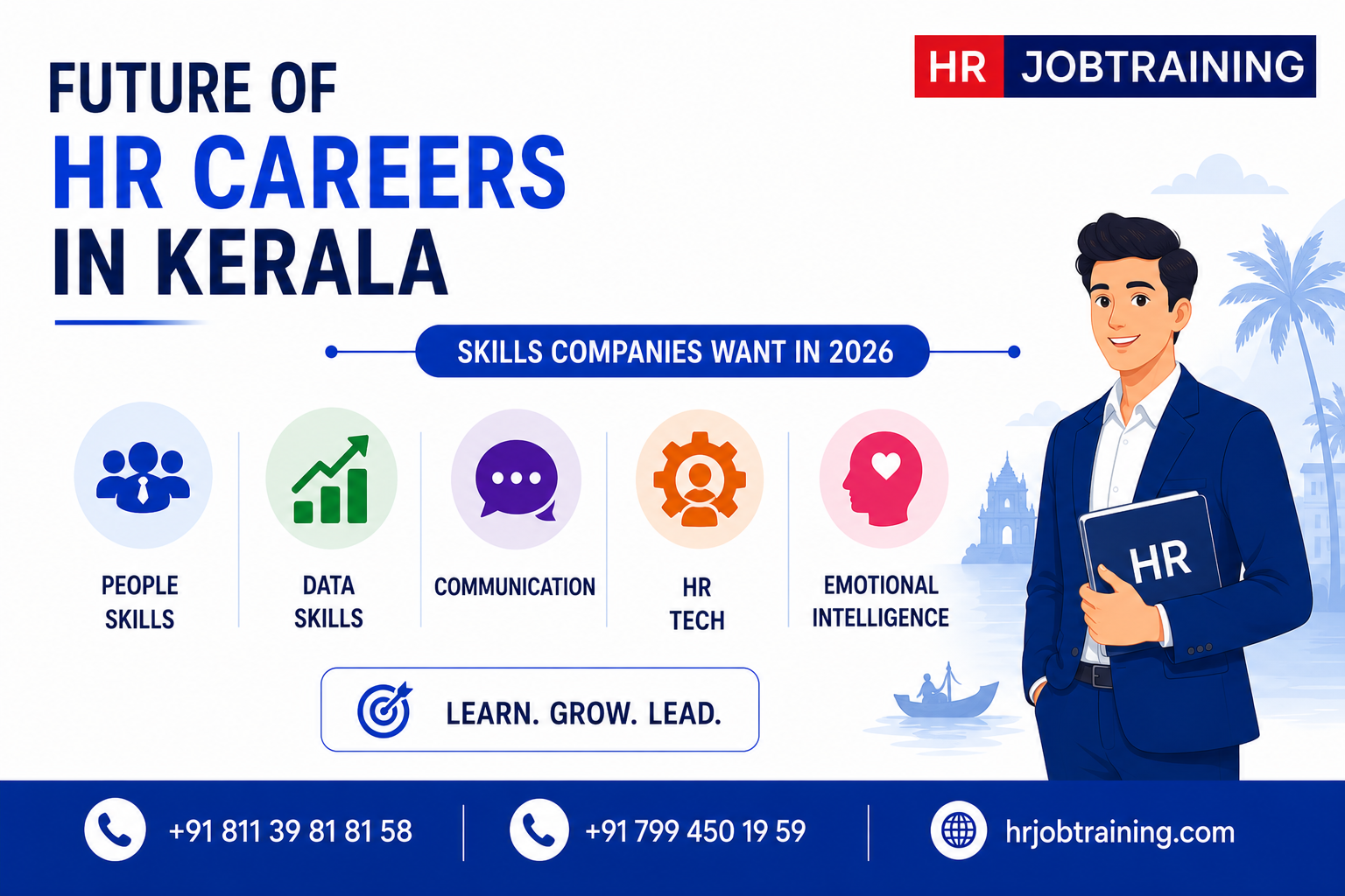Future of HR careers in Kerala infographic highlighting top HR skills companies want in 2026 including people skills, HR tech, communication, and data skills