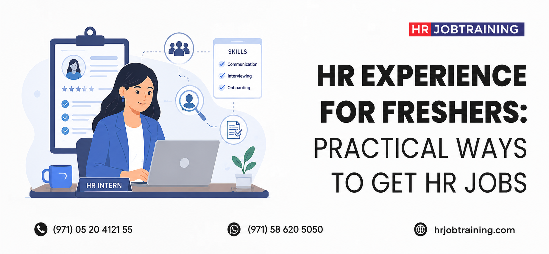 HR Experience for Freshers practical ways to get HR jobs illustration banner with HR trainee working on laptop