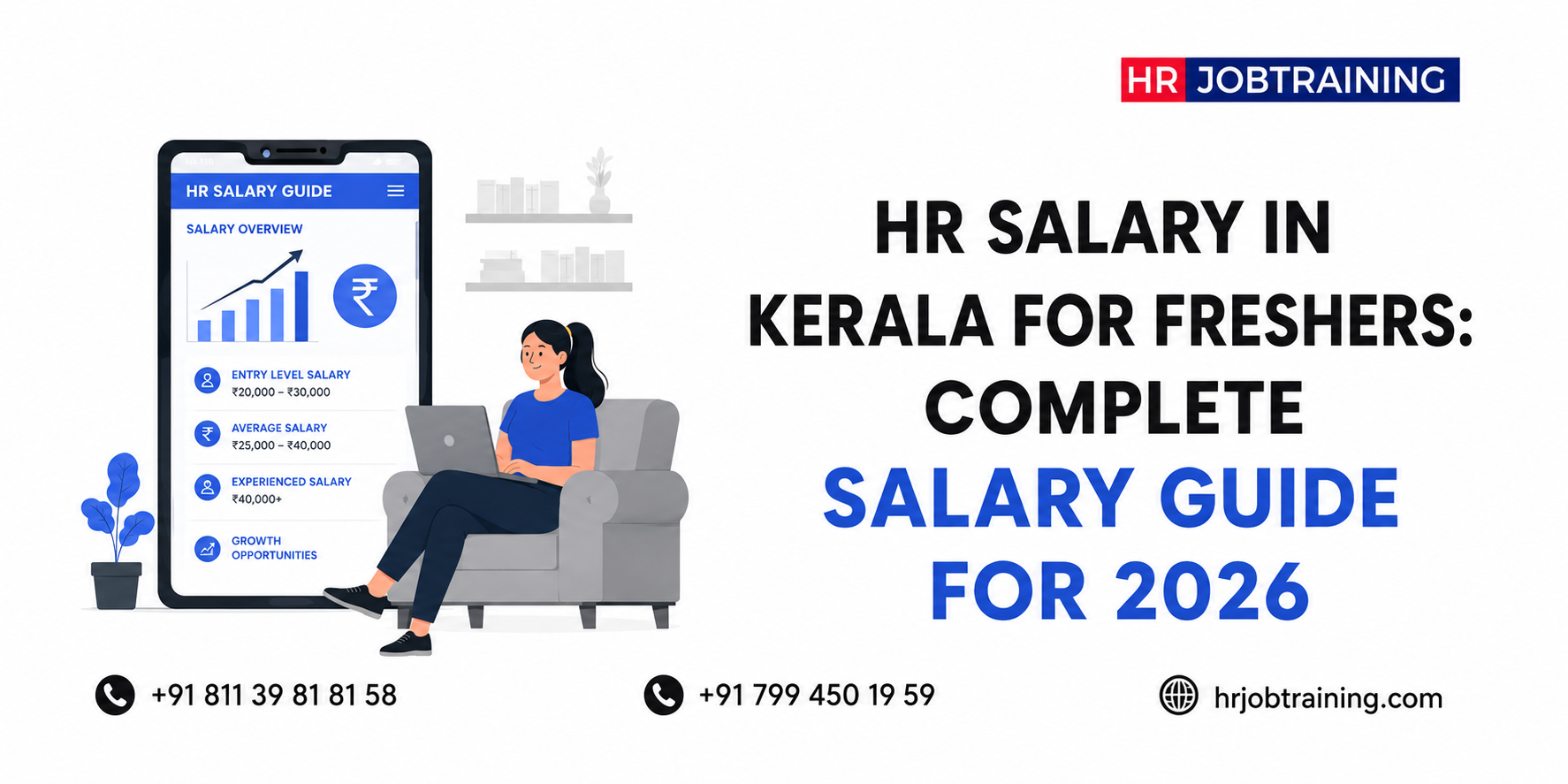 HR salary in Kerala for freshers complete salary guide for 2026 featuring salary overview illustration, career growth details, and HR Job Training branding