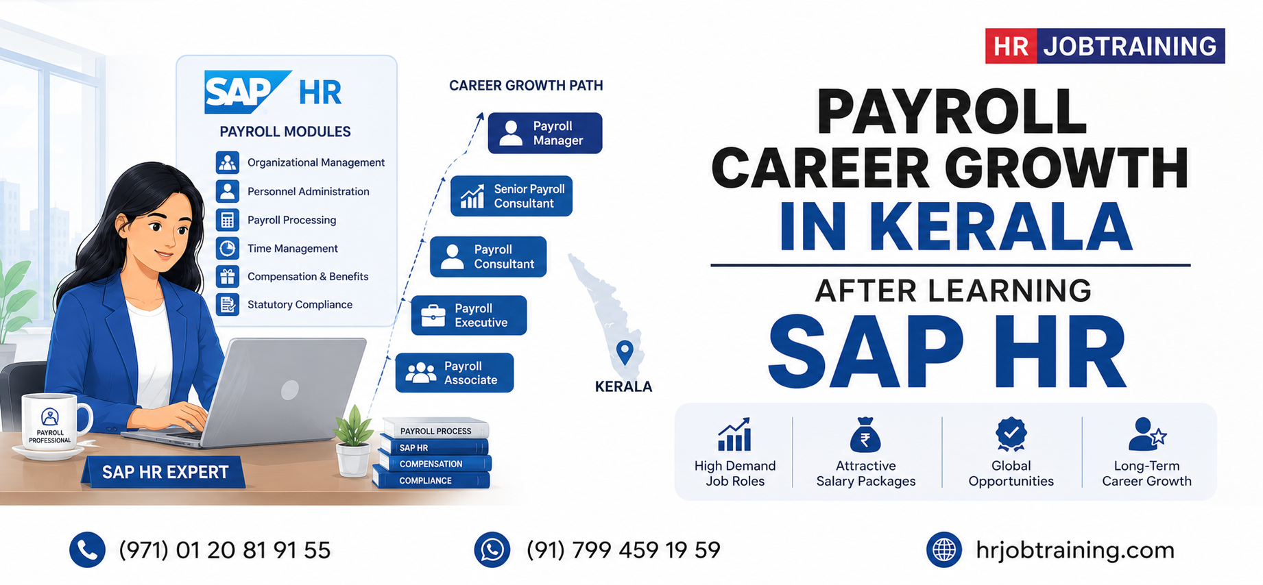 Payroll career growth in Kerala after learning SAP HR with payroll professional working on laptop illustration