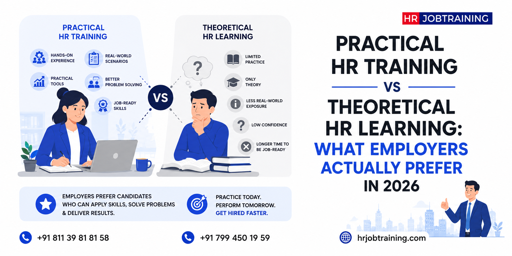 Practical HR training vs theoretical HR learning comparison infographic explaining what employers actually prefer in 2026 with hands-on HR skills and job readiness concepts