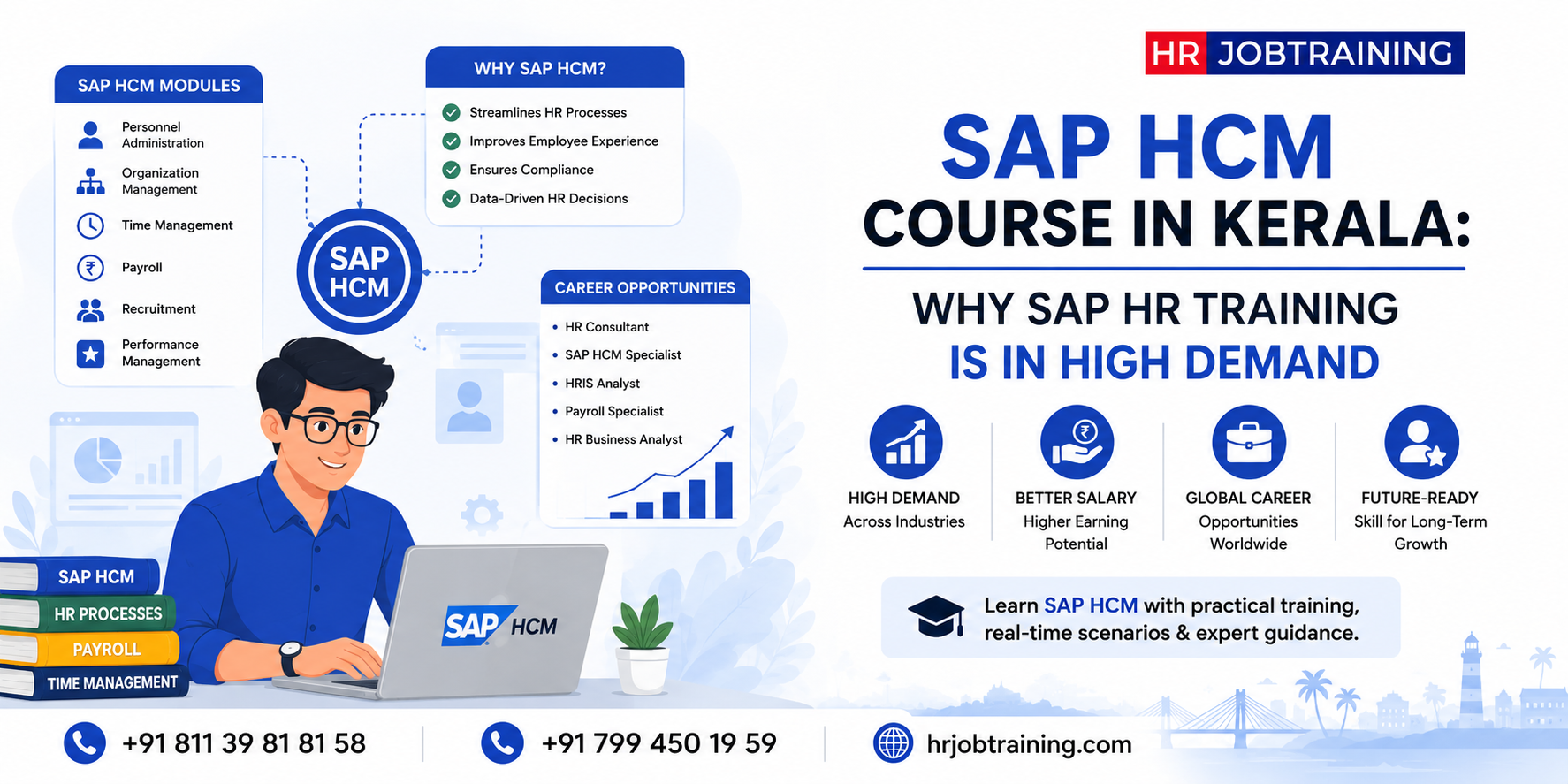 SAP HCM course in Kerala infographic explaining why SAP HR training is in high demand with SAP modules, HR career opportunities, payroll, recruitment, and practical HR training benefits