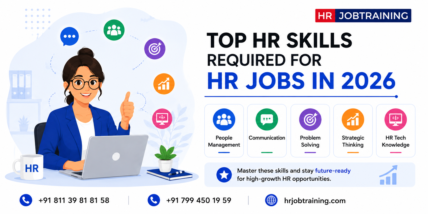Top HR skills required for HR jobs in 2026 infographic featuring communication, people management, problem solving, strategic thinking, and HR tech knowledge
