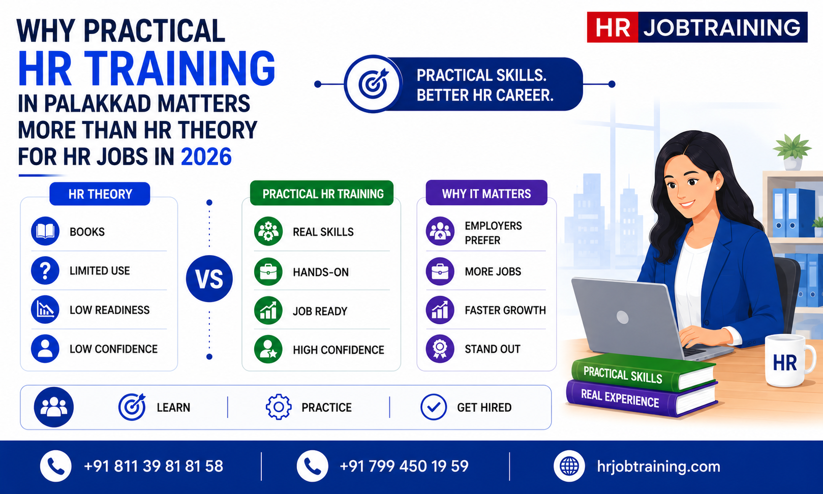 Why practical HR training in Palakkad matters more than HR theory infographic comparing practical skills and theoretical learning for HR jobs in 2026