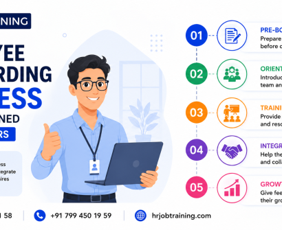 Employee onboarding process explained for beginners infographic showing pre-boarding, orientation, training, integration, and employee growth steps