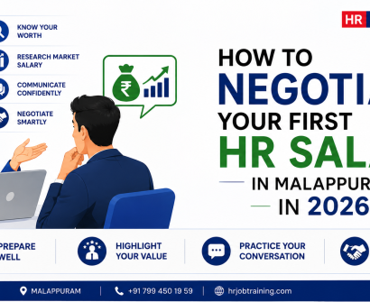 Professional HR salary negotiation banner showing an HR interview discussion with tips for negotiating your first HR salary in Malappuram in 2026.