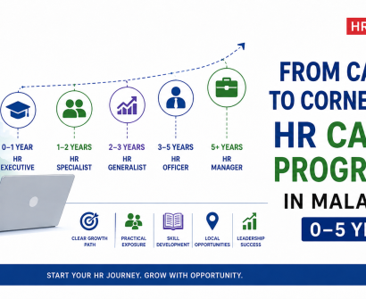 Illustrated HR career progression roadmap in Malappuram showing growth from HR Executive to HR Manager over 0–5 years with career milestone icons and professional office background.