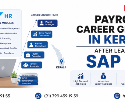 Payroll career growth in Kerala after learning SAP HR with payroll professional working on laptop illustration