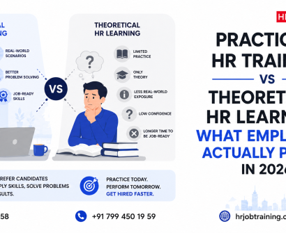 Practical HR training vs theoretical HR learning comparison infographic explaining what employers actually prefer in 2026 with hands-on HR skills and job readiness concepts
