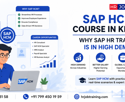 SAP HCM course in Kerala infographic explaining why SAP HR training is in high demand with SAP modules, HR career opportunities, payroll, recruitment, and practical HR training benefits