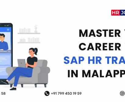 Master your career with SAP HR Training in Malappuram featuring online SAP HR learning illustration, HR Job Training branding, website URL, and contact numbers