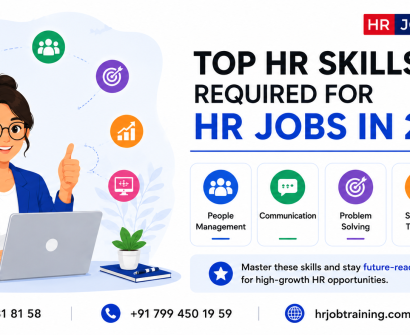 Top HR skills required for HR jobs in 2026 infographic featuring communication, people management, problem solving, strategic thinking, and HR tech knowledge
