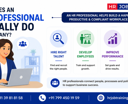 What does an HR professional actually do in a company infographic showing hiring, employee development, performance improvement, and workplace support responsibilities